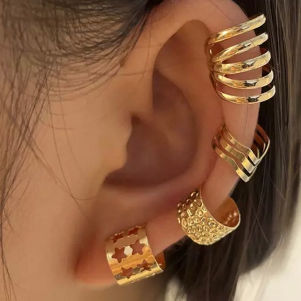Gold Hollow Out Stars, Cut Out Wire Ear Cuffs Sets 4 pcs Earrings NEW